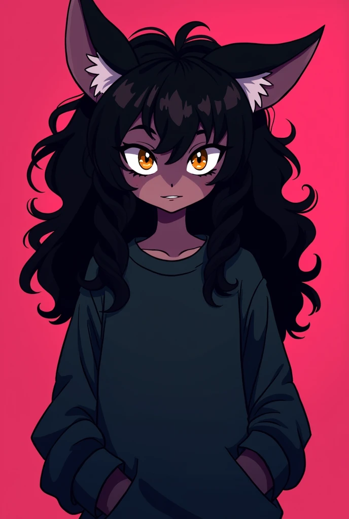 1garoto, Hazbin Hotel style animation, branco pupils, brown sclera, curly black hair, long hair, colored fur, darkskin, wearing dark sweatshirt, hot pink background color, color details decorating the image