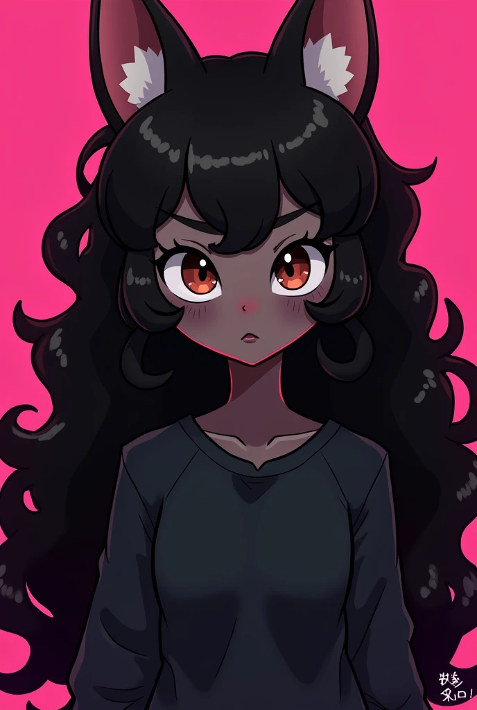 1garoto, Hazbin Hotel style animation, branco pupils, brown sclera, curly black hair, long hair, colored fur, darkskin, wearing dark sweatshirt, hot pink background color, color details decorating the image