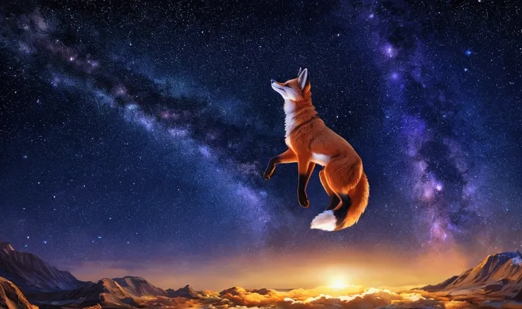 fox character with detailed character galaxy fur, levitating character, clear starry night background, 8k , hyper realistic 