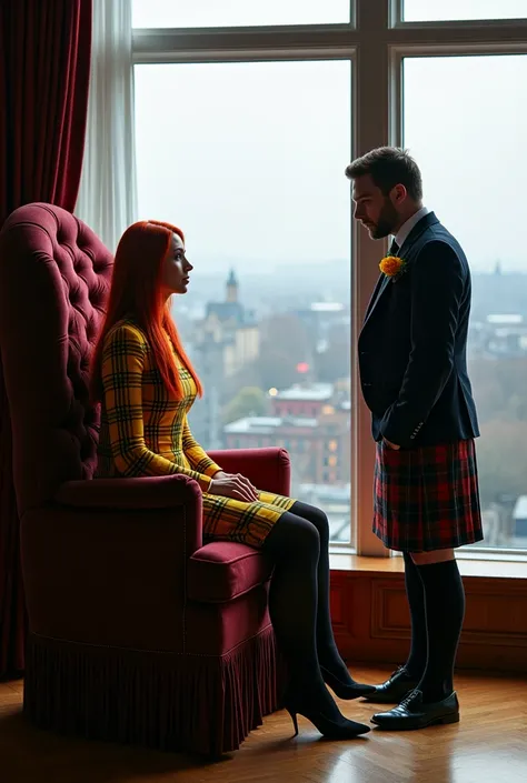 on a throne in front of a window on the top floor of an Edinburgh skyscraper giving orders to a man is a Scottish woman ,dressed in yellow base tartan with thinner black and red stripes, long red hair ,nice legs, short kilt,heels, black stockings,
