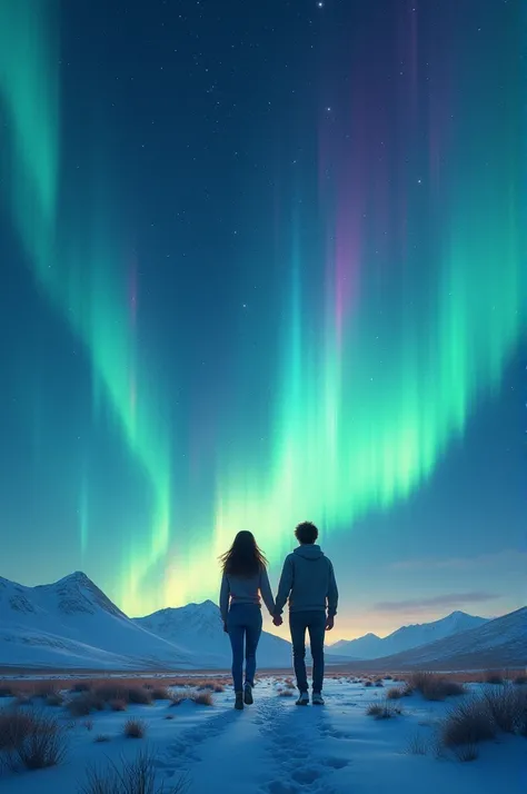 A couple walking in an aurora night