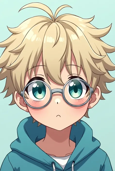 Anime boy, 10 years old, short and wavy platinum blond hair, bright blue and light green eyes, silver glasses