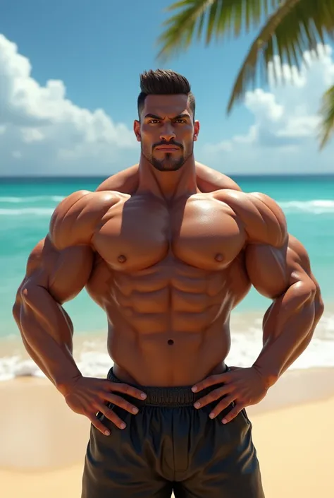 Bodybuilder man without shirt on beach 