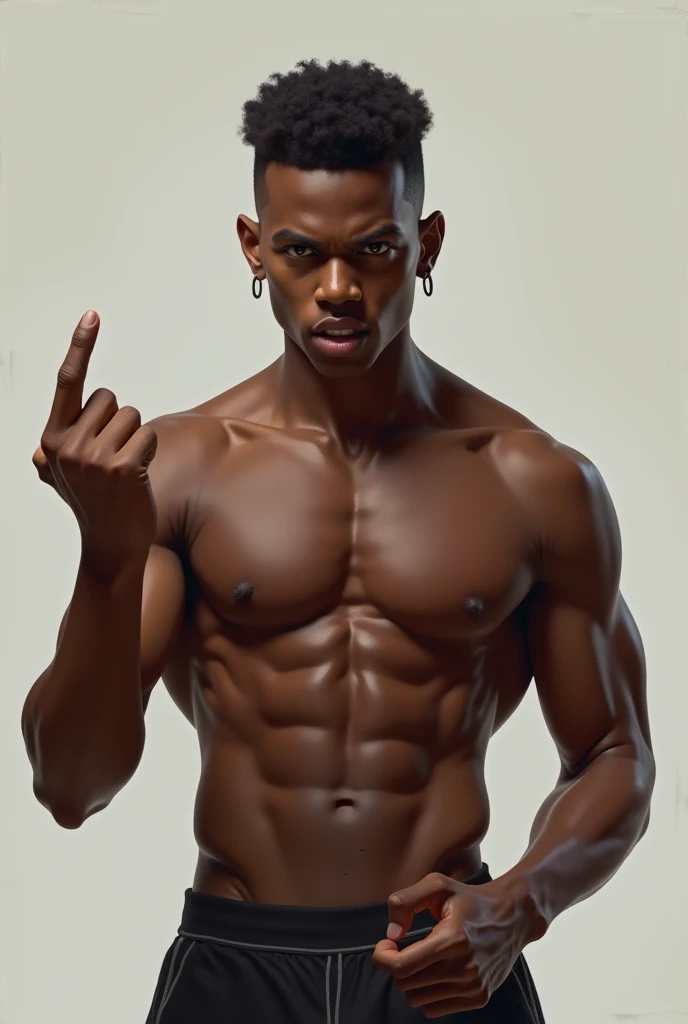 Generate an image of a shirtless black teen with abs showing middle finger 