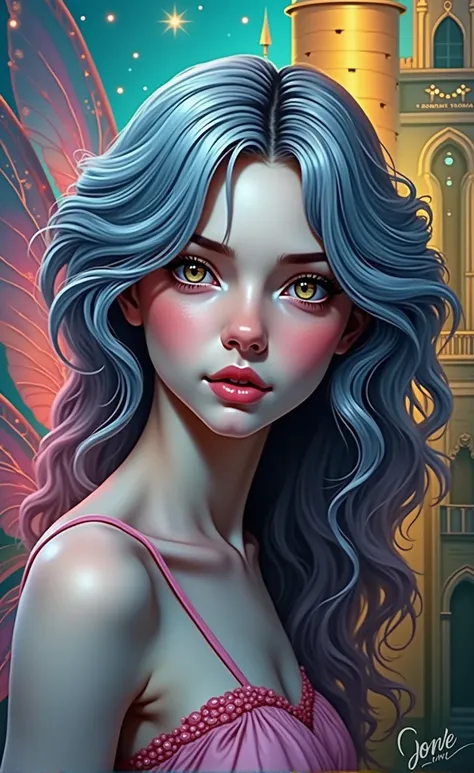 "High-quality, 8K Ultra HD, hyper-realistic portrait of a captivating woman.A mysteriously enchanting young fairy with cascading silver locks, a porcelain complexion, and eyes that sparkle like hazel gems, stands elegantly next to a majestic castle. Dresse...