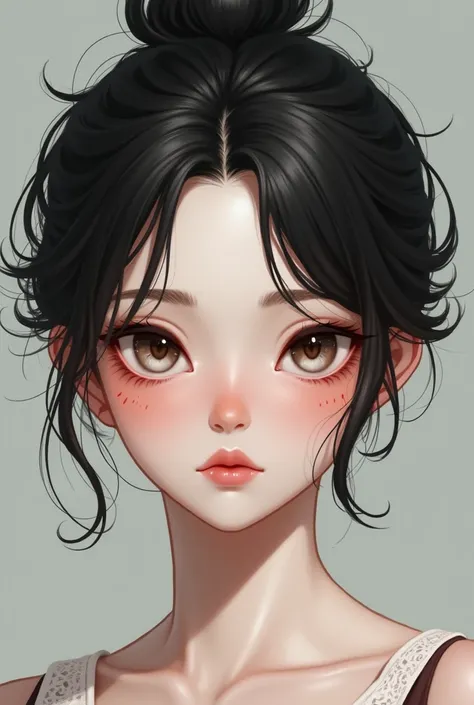 make a humanized form portrait of snow white. The character has a youthful, round face with angular features, almond-shaped eyes with a sharp, tsundere glare, and a small, upturned nose. Their thick, spiky hair is complemented by fair, smooth skin with a r...