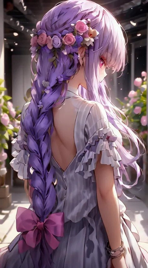 Soft Light, One girl, alone, Braiding, Long Hair, flower, hair ornaments, Purple Hair, hair flower, Recall, From behind, bow, View your viewers, dress, bangs, hair bow, Side Lock, 頭flower輪, Red eyes, pink flower, Upper Body, masterpiece, Highest quality, 