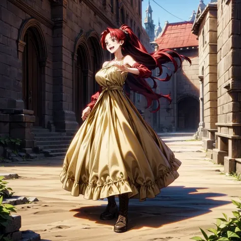 Solo character, full body version, young girl, black eyes, red color hair, very long hair, ponytail, long dress clothing, yellow color dress, bare shoulder clothing, long skirt, boots, outdoor, village, medieval, morning, standing gesture, detailed backgro...