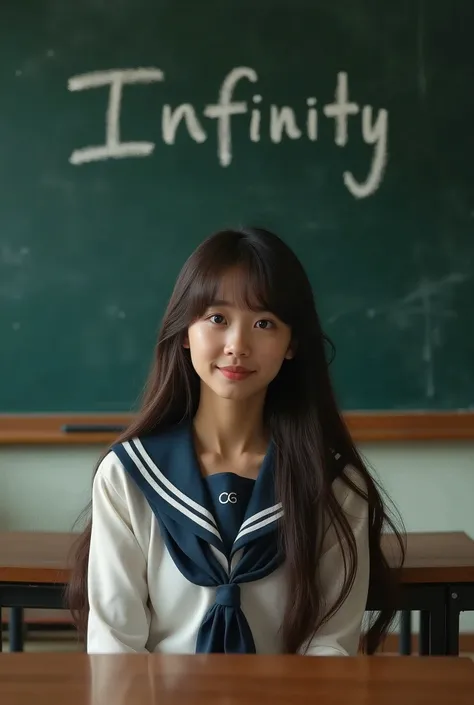 A young woman aged 18 with long hair wearing a sailor uniform sits in a classroom, (Blackboard in the background: 1.5), (The word Infinity is written in chalk on the blackboard: 1.5), (Best Quality: 1.1), (Masterpiece: 1.3), Flawless artwork, Ultra detaile...