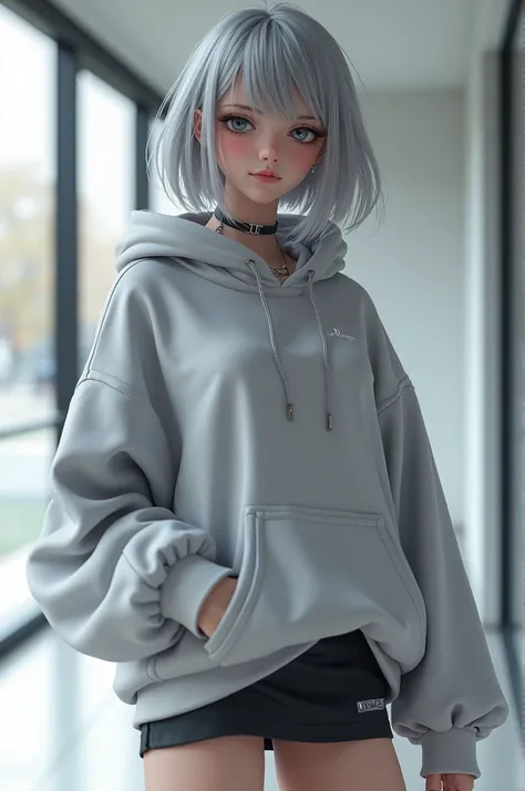 Miniskirt　hoodie　Gray Hair　beautiful