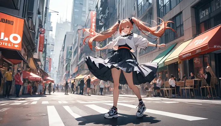 Highest quality,Girl dancing, Twin tails, In the city,Street fashion