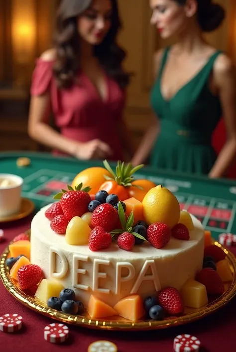 A Realistic 8k closeup pic an art of mixed  fruit  and beautiful cake carving the name of DEEPA location is on casino gameing table and girls standing behind