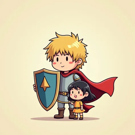 Holding a shield in one hand，Behind the shield are two children，In front of the shield is a charming little woman doll，Simple comic style、Bright colors