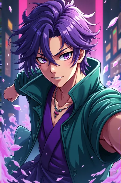 An anime man in purple green design in Japanese anime style 