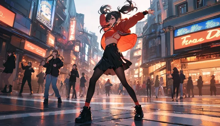 Highest quality,Girl dancing, Twin tails, In the city,Street fashion