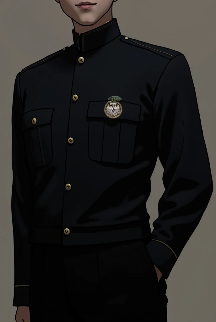 black shirt to wear at military school, with the symbol on the front very small in the circular shape on the left side of an owl wearing a military beret