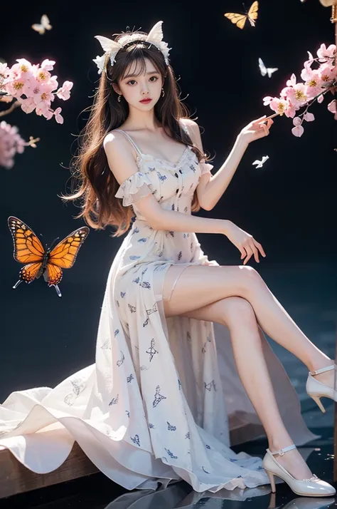 flower_dress, Beautiful dance dynamics , Long legs , Calf((Flowing long hair))Official Art , Unity8k Wallpaper , Extremely detailed , Visible cleavage, Pretty and beautiful , Sexy long legs, masterpiece , best quality ,Practical, Very detailed illustration...