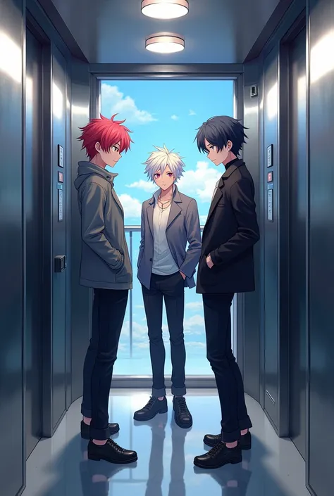 3 hot anime boys in a big wide elevator 