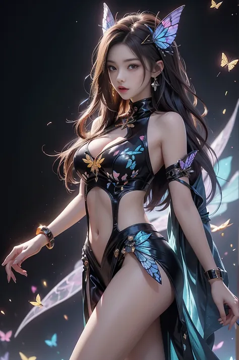 kda, Beautiful dance dynamics , Long legs , Calf((Flowing long hair))Official Art , Unity8k Wallpaper , Extremely detailed , Visible cleavage, Pretty and beautiful , Sexy long legs, masterpiece , best quality ,Practical, Very detailed illustrations ,Extrem...