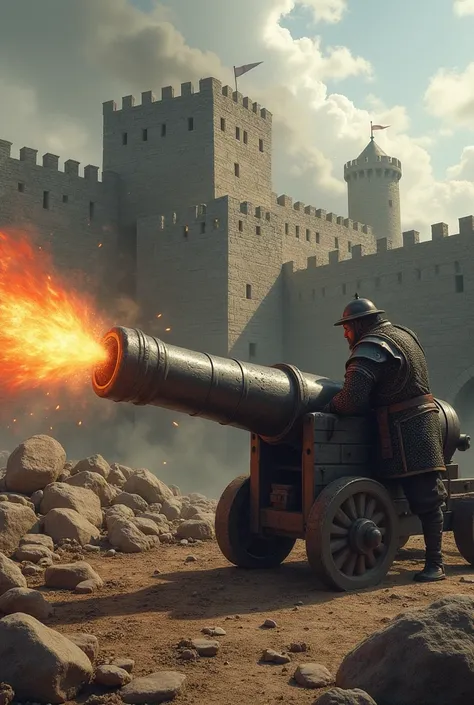 Cannon Attack: A cannon firing a large iron ball towards the city. Show the city walls with a small section crumbling, but still standing strong.Kingdom timeline 