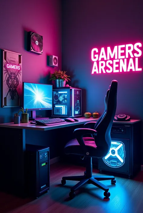 Computer store , wall sticker mention as GAMERS ARSENAL, GAMING SETUPS IN RIGHT CORNER , psu 5 and seat set in right corner  , shop name is gamers arsenal , 