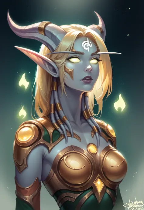 a hybrid woman with long elf ears and draenei horns, large chest, narrow waist, wide hips, cyborg body parts, glowing gold eyes,...