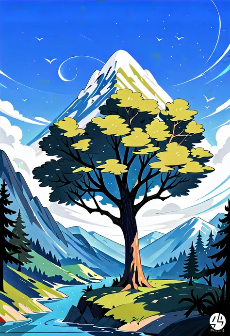 impressive painting of a mountain with trees and water, a detailed painting by Petros Afshar, shutterstock contest winner, environmental art, detailed painting, outlined art, 2d game art, isolated background for logo, strong contours, logo design
