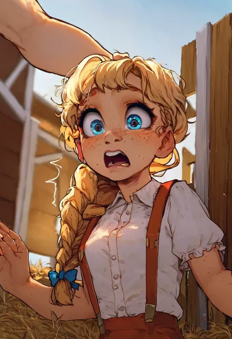 rating_safe, score_8_up, score_7_up, score_6_up, uncensored, small breasts, freckled skin, cute face, kid-like proportions, big eyes, (((long blonde hair, bangs, braided ponytail))), tiny prepubescent texan cute cow-girl kneeling in barn,  amazing blue eye...