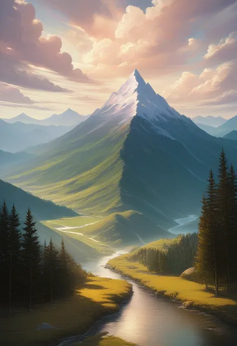 impressive painting of a mountain with trees and water, a detailed painting by Petros Afshar, shutterstock contest winner, environmental art, detailed painting, outlined art, 2d game art, isolated background for logo, strong contours, logo design
