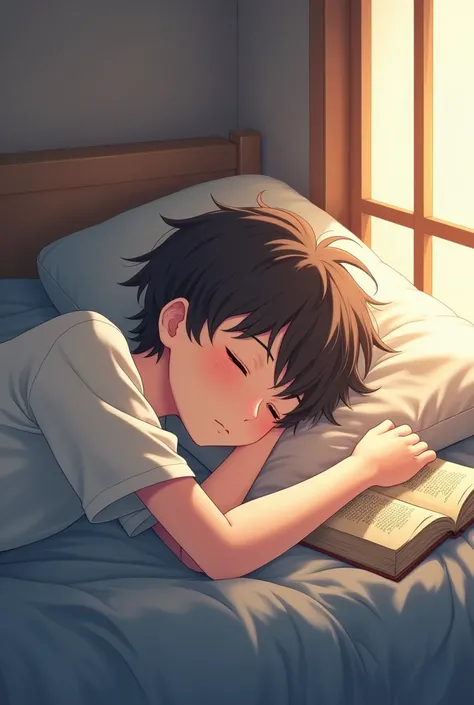 An anime boy is sleeping with a book on his face, lying on the bed, and lights coming from window 
