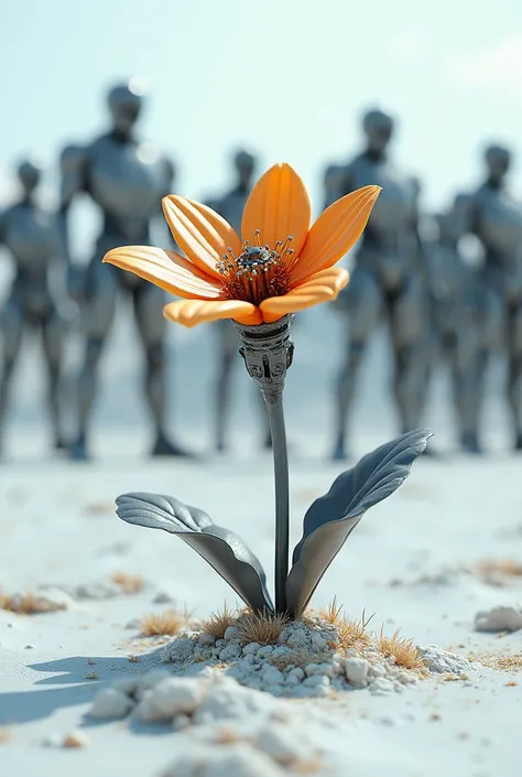 generate an image for me of a slightly robotic flower reborn from the dirt floor and in the background it looks like a type of robot army and the ground looks white like a type of futuristic color