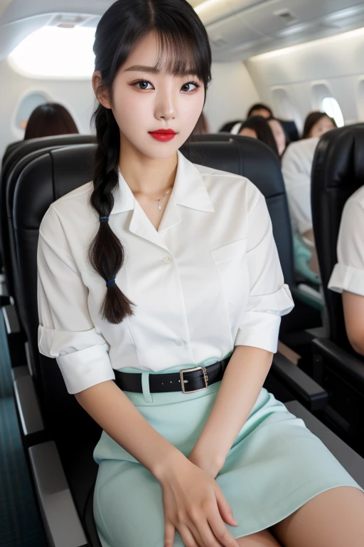 A young Korean beautiful girl, 18-year-old, sexy girl, strikingly beautiful, black hair, big breasts, delicate facial features, porcelain skin, red lips, expressive eyes, Stewardess, braided hair, a long hairpin, Flight attendant uniform, {{white and mint ...