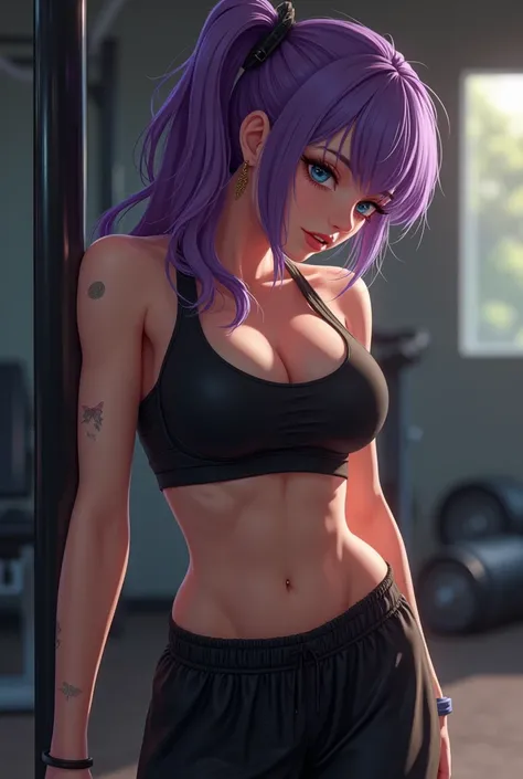 realistic image of a 17 year old girl Has large breasts,Wearing black sportswear and training, wearing purple shoes, having purple hair,Stabbed by a man in the breast 