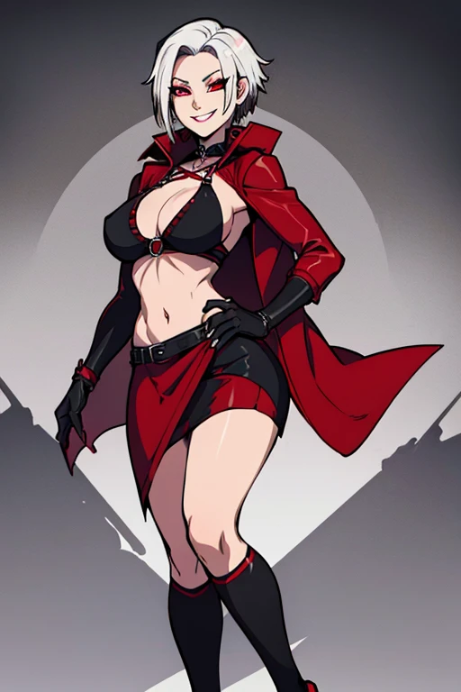 female, silver short hair, red eyes, arachne, (((1girl))), (((red coat))), (black halter top), (black skirt), (black fingerless gloves), cute and sexy, full body, large breasts, long legs, smiling