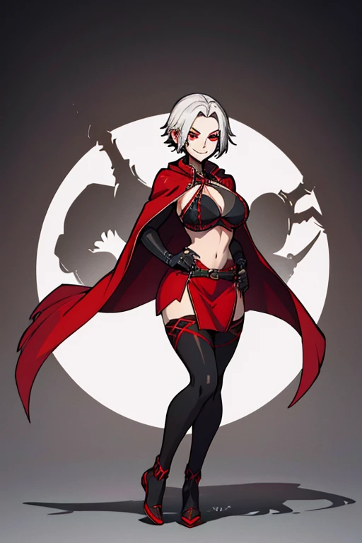 female, silver short hair, red eyes, arachne, (((1girl))), (((red coat))), (black halter top), (black skirt), (black fingerless gloves), cute and sexy, full body, large breasts, long legs, smiling