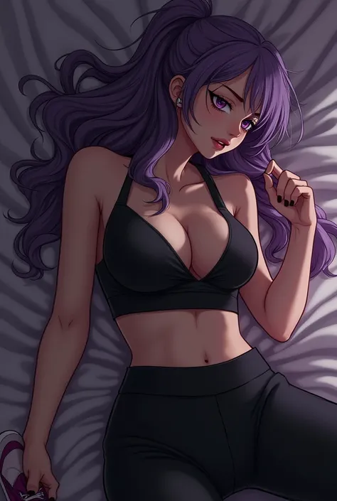 realistic image of a 17 year old girl Has large breasts,Wearing black sportswear and training, wearing purple shoes, having purple hair,Stabbed by a man in the breast So that the girl lay there weakly and helplessly. Because her breasts were stabbed with a...