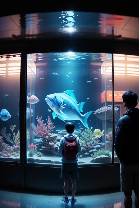 Sweetheart、Stood in front of the aquarium。Then、From inside the aquarium、A big fish is stuck to the glass。