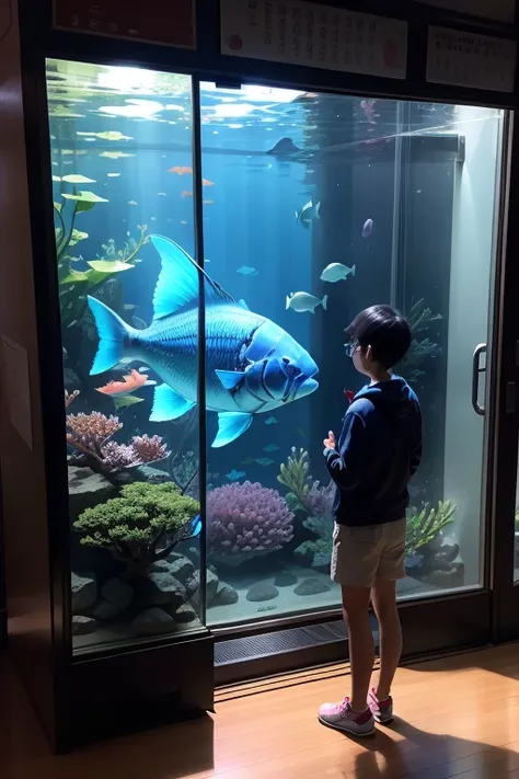 Sweetheart、Stood in front of the aquarium。Then、From inside the aquarium、A big fish is stuck to the glass。