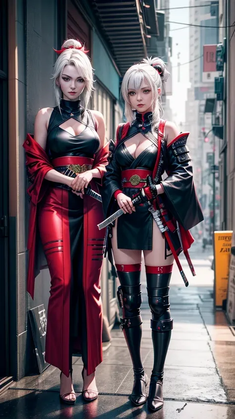 two very beautiful cyberpunk samurai women, she is holding a katana sword, unsheathing the katana, she is holding a sword, extremely ornately decorated Han hometown, Anime style 3D realistic, cgsociety anime fantasy artwork 9,2.5 D cgi, realistic anime 3 d...