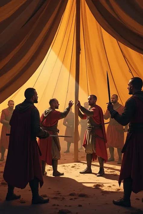 Tent with Thieves: Inside a tent, soldiers are sneakily stealing items from each other for fun. The atmosphere is light-hearted and playful. Kingdom timeline 