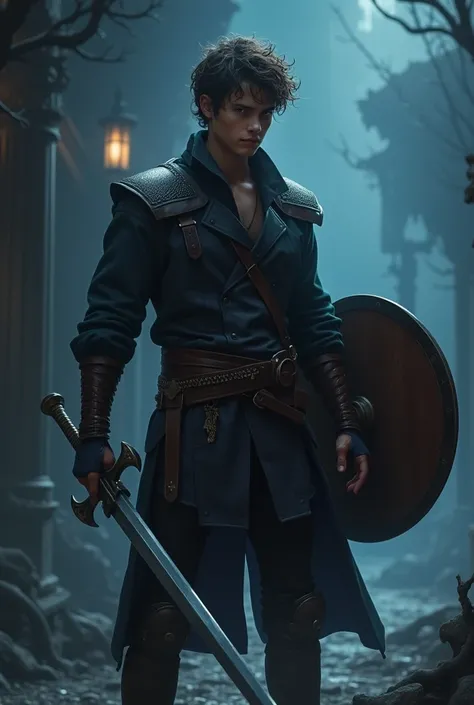 15 years 
old boy with sword and saving shield  tall and handsome  with stylish look horror look in night time