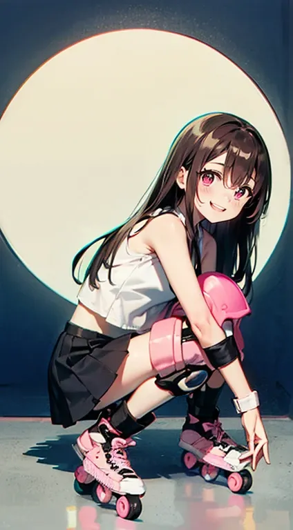 Highest quality、((Dark brown long hair、Two Side Up))、(((Pink Roller Blades、Knee and elbow protectors)))、A cute and cheerful middle school girl with a smile、Round droopy eyes