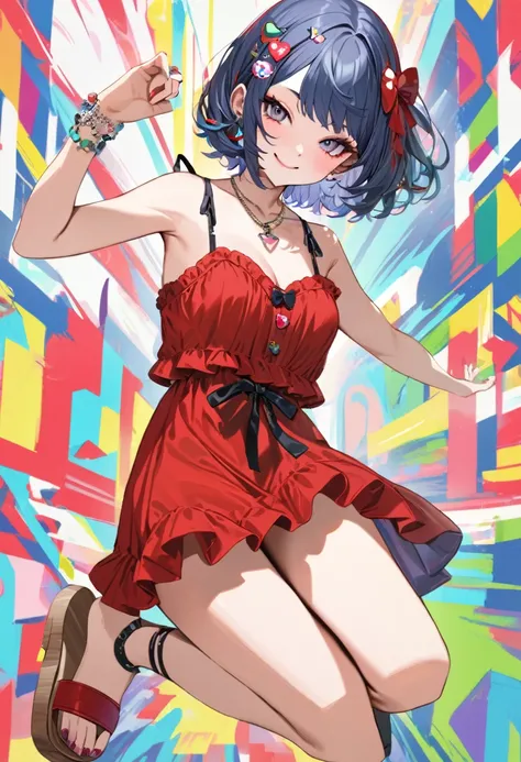 (masterpiece, best quality,ultra highres),pop-art,latest fashion girl,(harajuku hair-accessories,Red gathered camisole dress,wood sandals),necklace,white background, BREAK ,dance pose,smile,(16yo,detailed face,(darkblue wavy-short hair),eyebrows,middle sma...