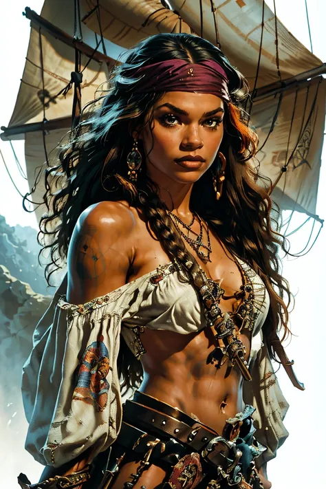 zendaya as a female jack sparrow from pirates of the carribean, heroic fantasy, highly detailed cinematic illustration, black ou...