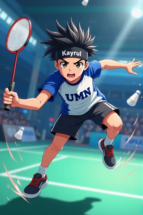 sent by you:
make an anime picture of a young boy doing a smash during badminton. The t-shirt worn was blue and white with UMN written on it. black hair with a headband that says Kayrul. The location is at the badminton hall.