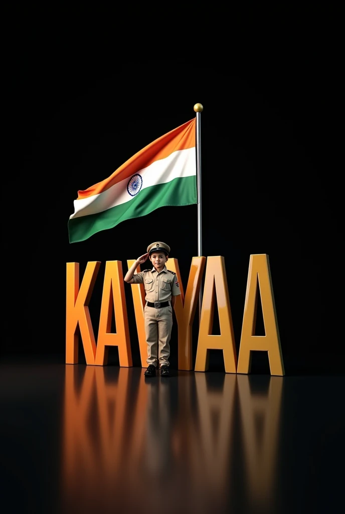 IDEOGRAM 

"Create a scene with a child dressed in a formal uniform, saluting proudly, positioned next to the large text "KAVYAA". The letters should be glossy and reflective, with a tricolor theme reflecting the colors of the Indian flag (saffron, white, ...