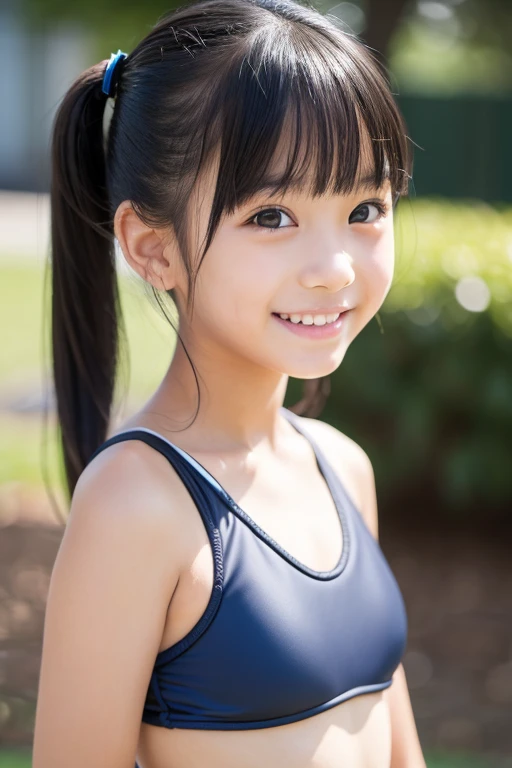 cute, girls, elementary school students, black hair, twin tails, dark blue school swimsuit, medium bust, smile, shiny skin