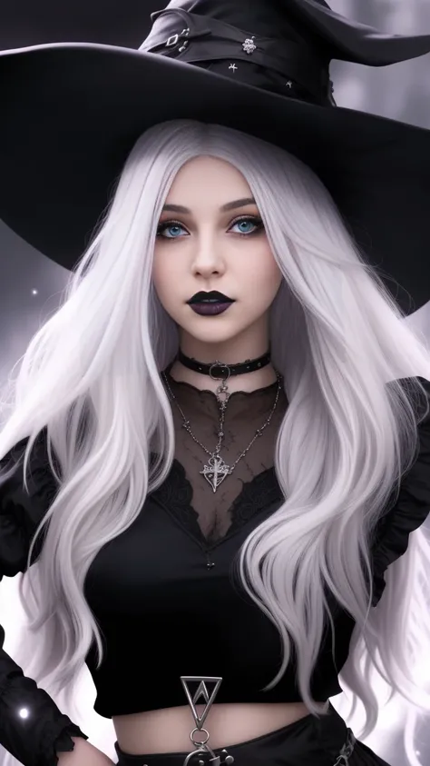 a gorgeous 12 year-old girl, cute dark gothic witch, straight white hair, extremely detailed, 4k, perfect face