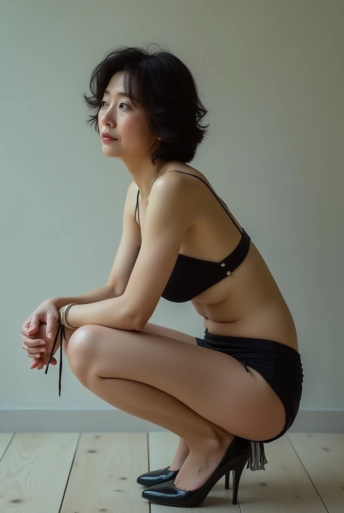 Japanese woman in her 50s、Wearing high heels、Her ass is exposed from under her skirt、Squat sitting、High resolution、RAW images、Masterpiece