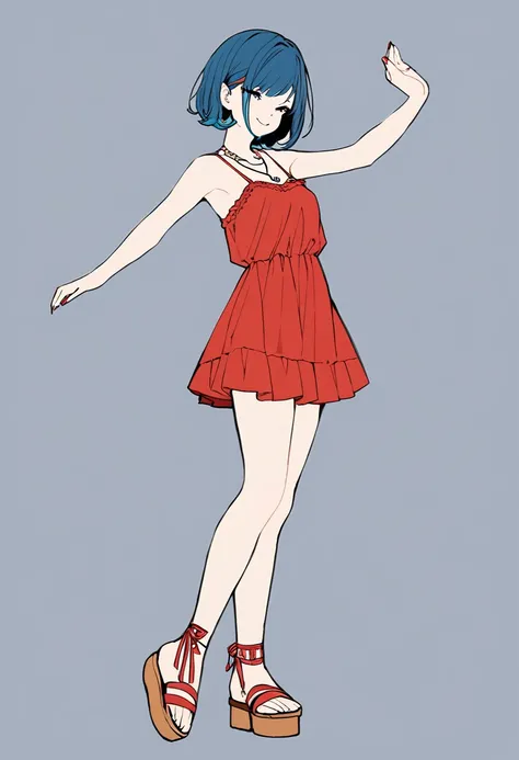 (masterpiece, best quality,ultra highres),(flat color:1.1),latest fashion girl,(shibuya hair-accessories,Red gathered camisole dress,wood sandals),necklace,white background, BREAK ,dance pose,smile,(16yo,detailed face,(darkblue wavy-short hair),eyebrows,mi...